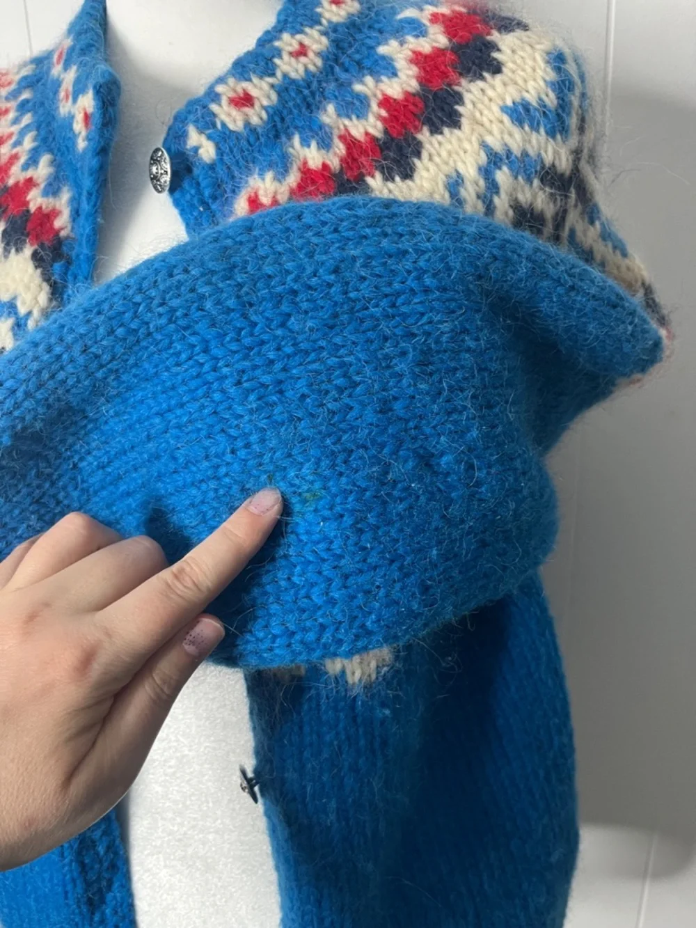 Icelandic 100% Wool Blue Fair Isle Women's Cardigan Sweater Chunky Knit Size L - Picture 6 of 7